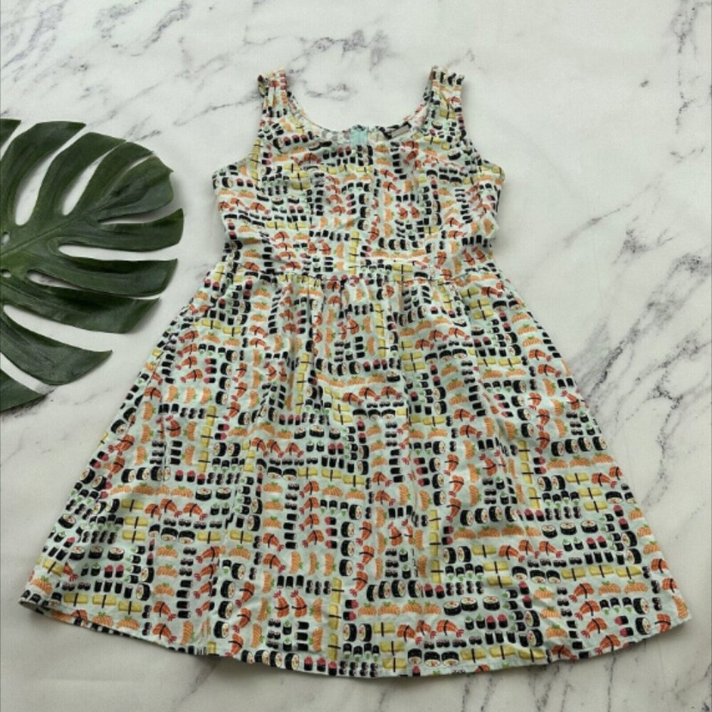 Retrolicious Sushi Roll Print Dres Size S Blue Orange Fit Flare Pockets Retro